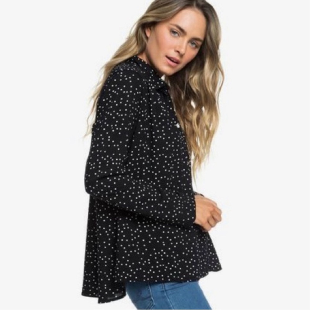 Roxy Urban Earth Long Sleeve Button Up Shirt in Black & White Polkadot